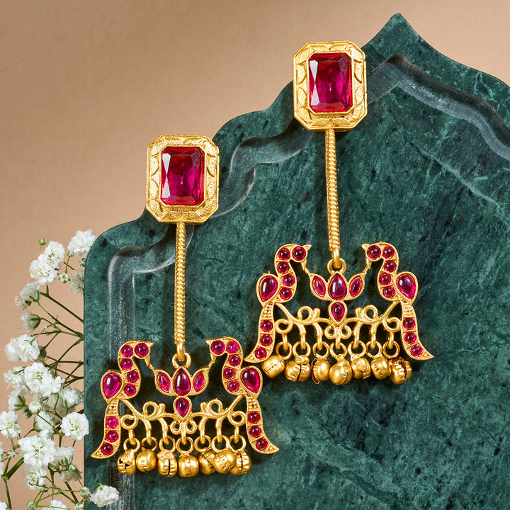 Teejh Diha Gold and Red Stones Jhumka