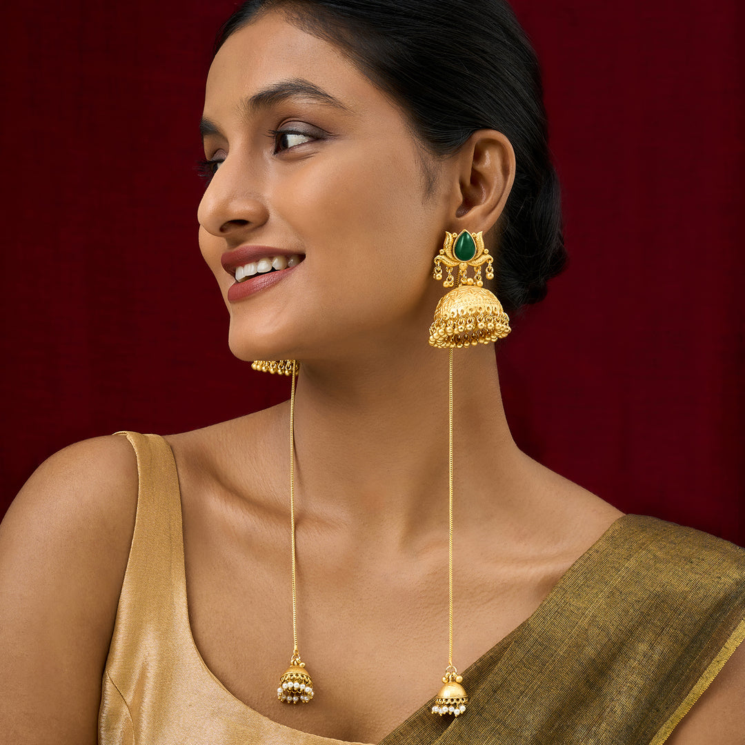 Teejh Gulis Gold and Green Ghungroo Jhumkas