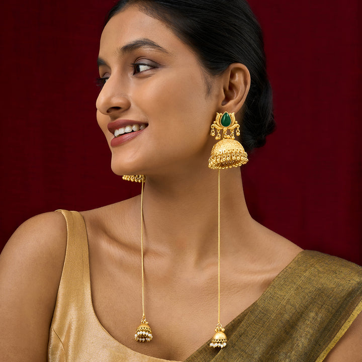Teejh Gulis Gold and Green Ghungroo Jhumkas