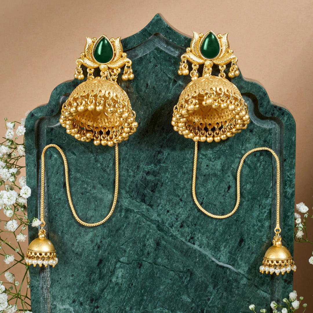Teejh Gulis Gold and Green Ghungroo Jhumkas