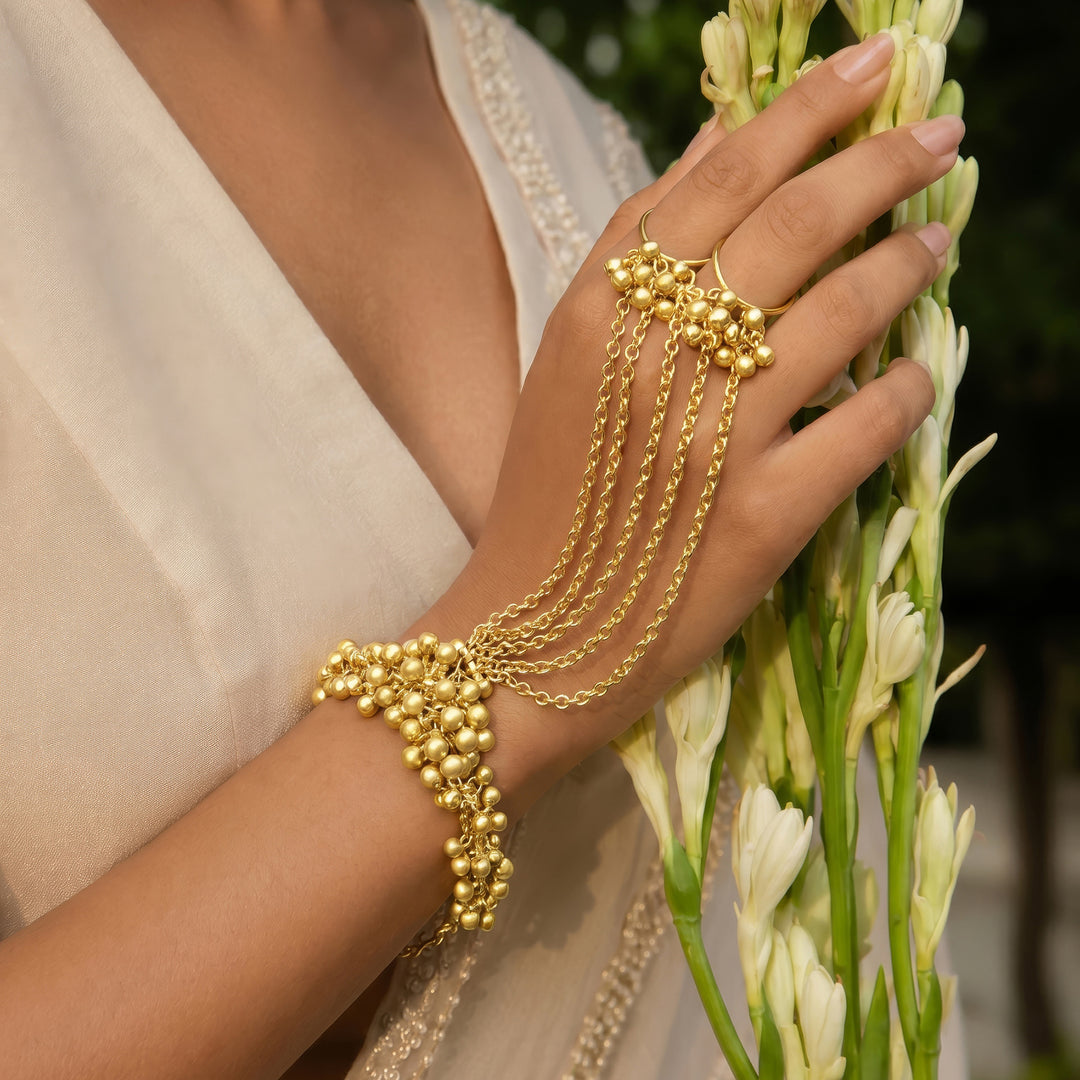 Teejh Chann Gold Oxidised Ghungroo Hathphool