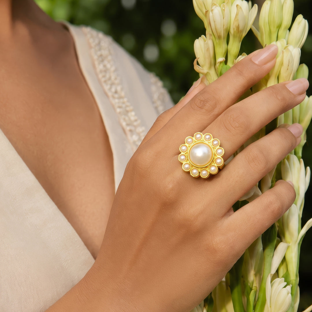 Teejh Mukto Gold and White Pearl Ring