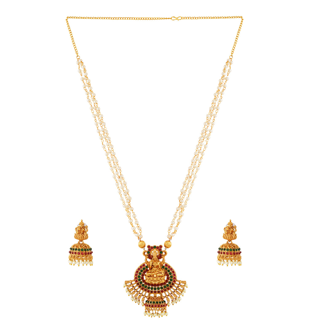 Grand Pearl and Glossy Gold Motif long chain set