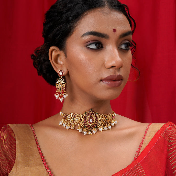 Teejh Gitanjali Gold Red And Green Necklace Set