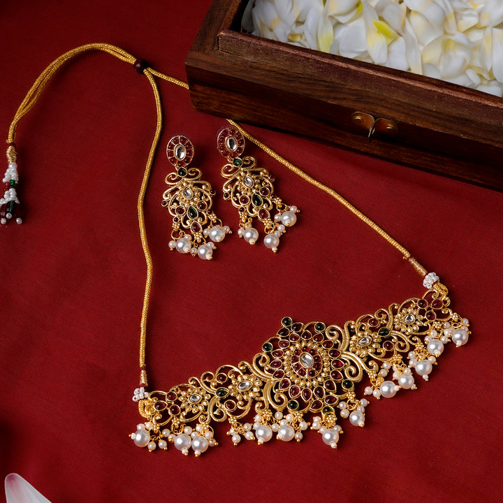 Teejh Gitanjali Gold Red And Green Necklace Set