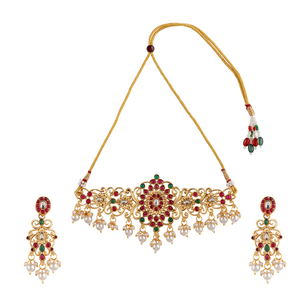 Teejh Gitanjali Gold Red And Green Necklace Set