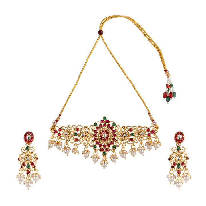 Teejh Gitanjali Gold Red And Green Necklace Set