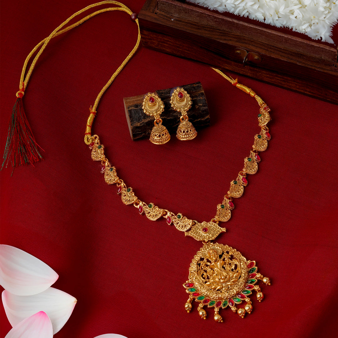 Teejh Karthika Gold Red And Green Layered Necklace Set