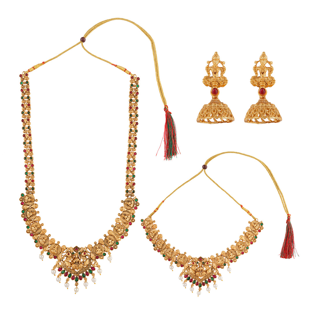 Teejh Katyayani Gold Red And Green Layered Necklace Set