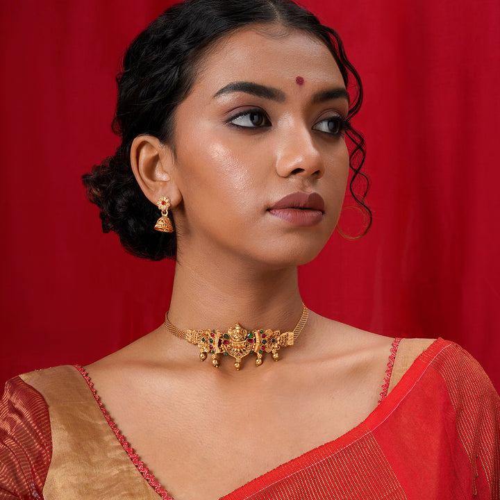 Teejh Mallika Gold Red And Green Necklace Set