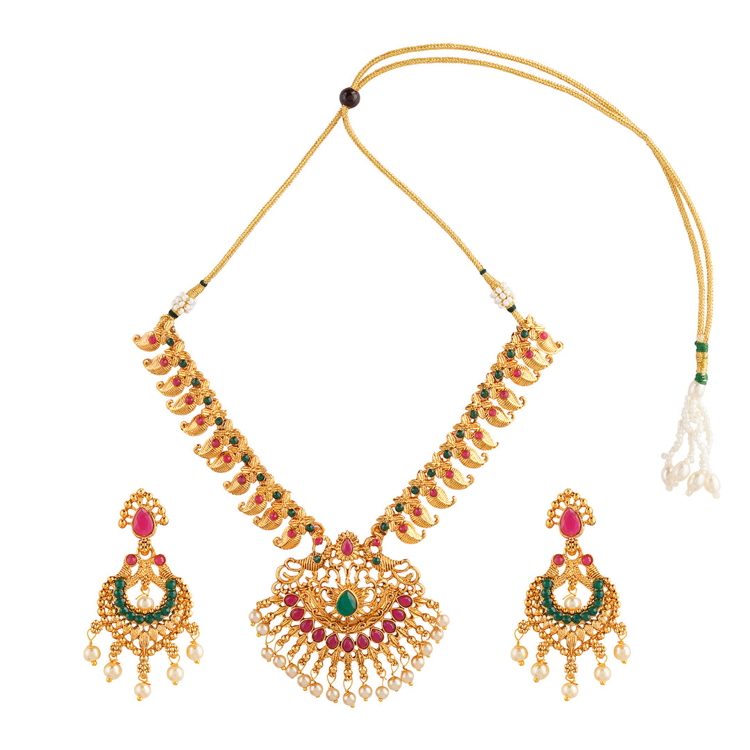 Teejh Meghana Gold Red And Green Necklace Set