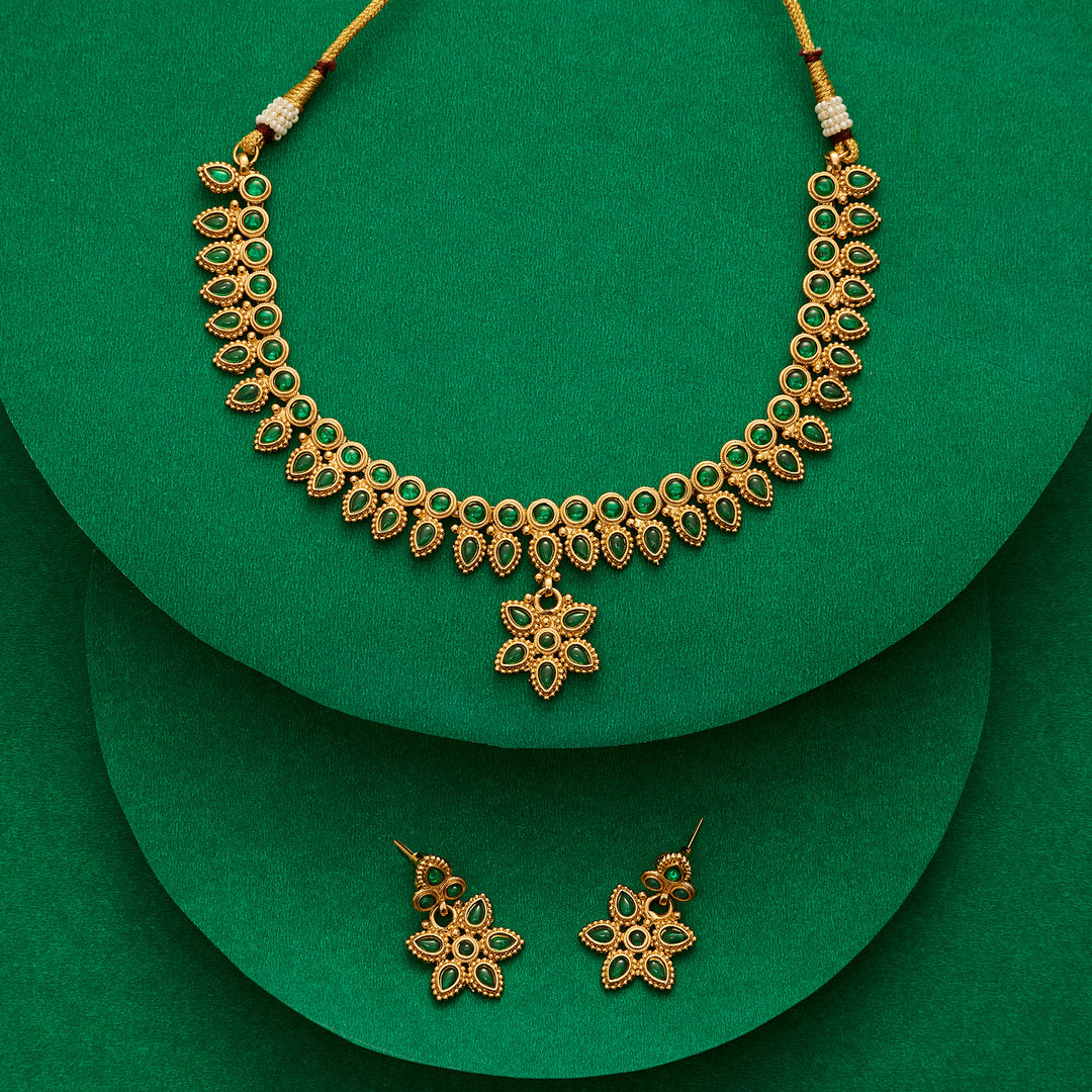 Teejh Tanrika Green Gold Necklace Set