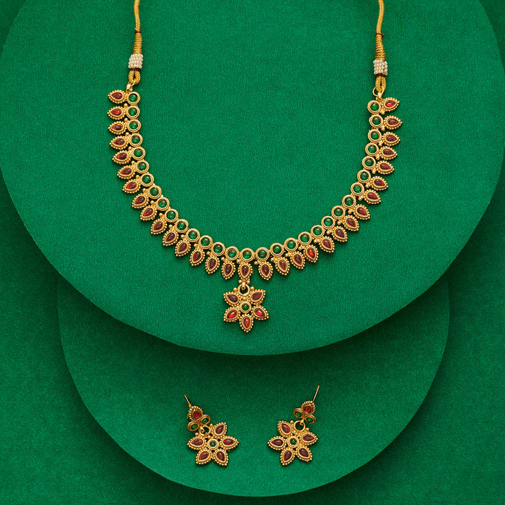 Teejh Vyoma Red and Green Ruby Gold Necklace Set