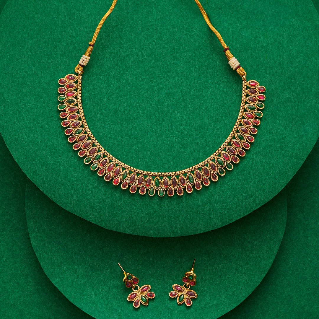 Teejh Hrishita Ruby and Green Gold Necklace Set