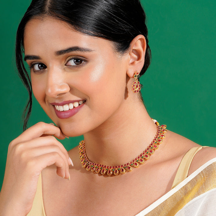 Teejh Vamiksha Red and Green Ruby Gold Necklace Set
