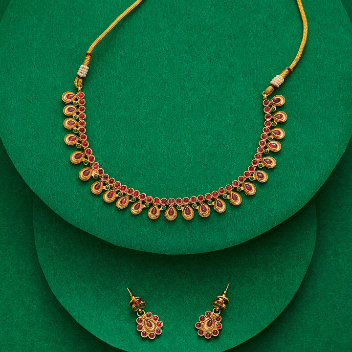 Teejh Vamiksha Red and Green Ruby Gold Necklace Set