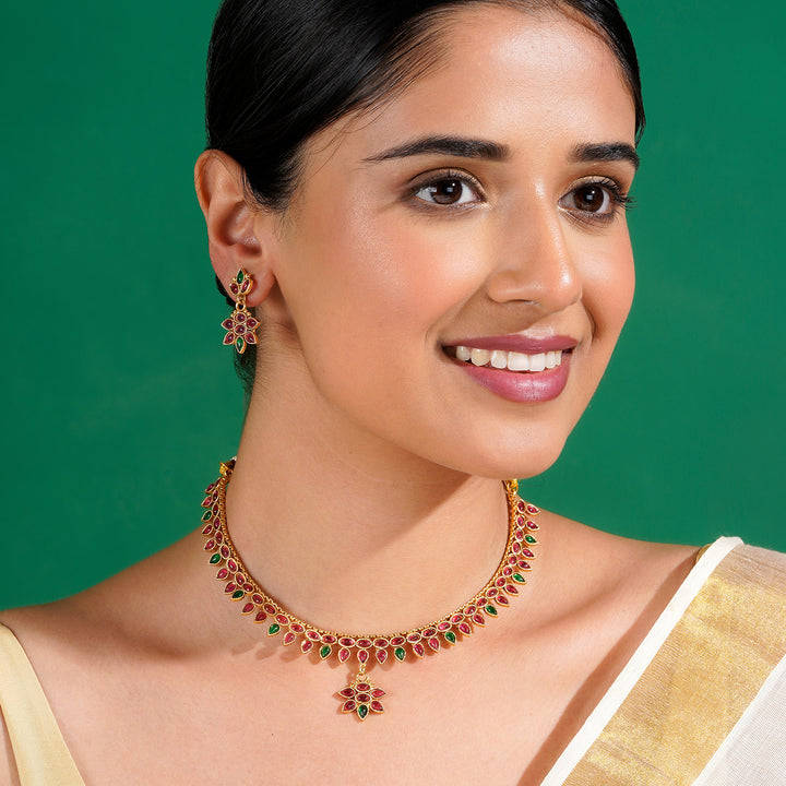 Teejh Yashasvi Red and Green Ruby Gold Necklace Set