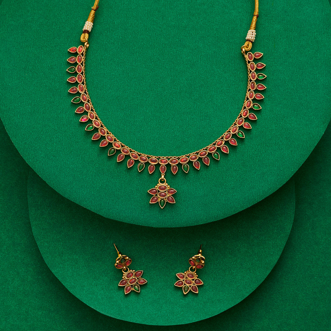 Teejh Yashasvi Red and Green Ruby Gold Necklace Set