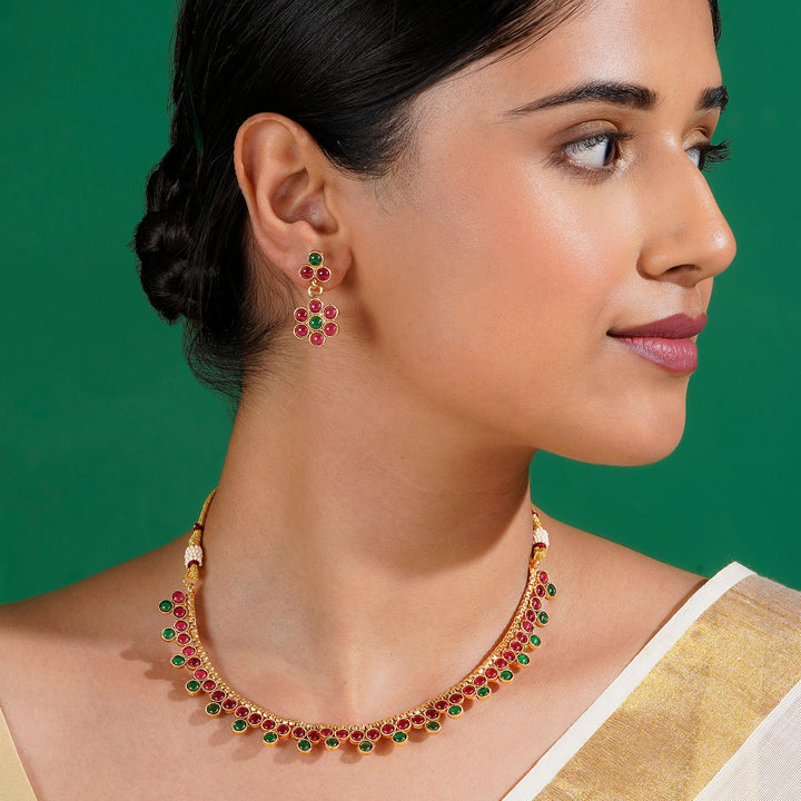 Teejh Anubha Red and Green Ruby Gold Necklace Set