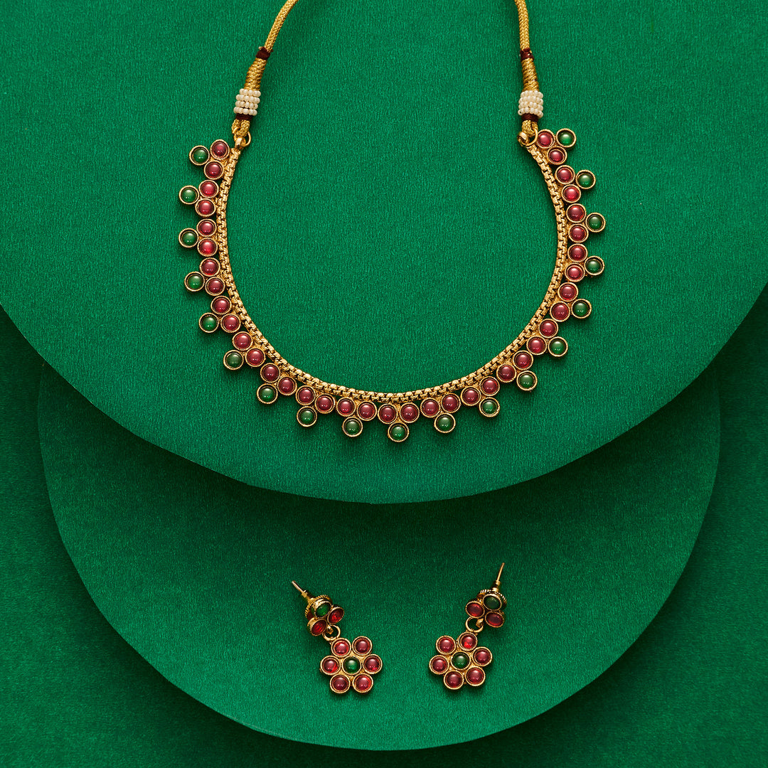 Teejh Anubha Red and Green Ruby Gold Necklace Set