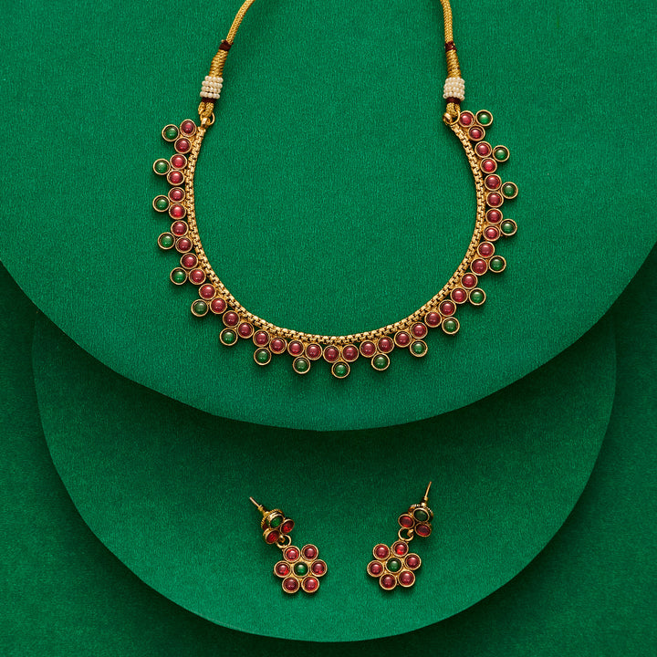 Teejh Anubha Red and Green Ruby Gold Necklace Set
