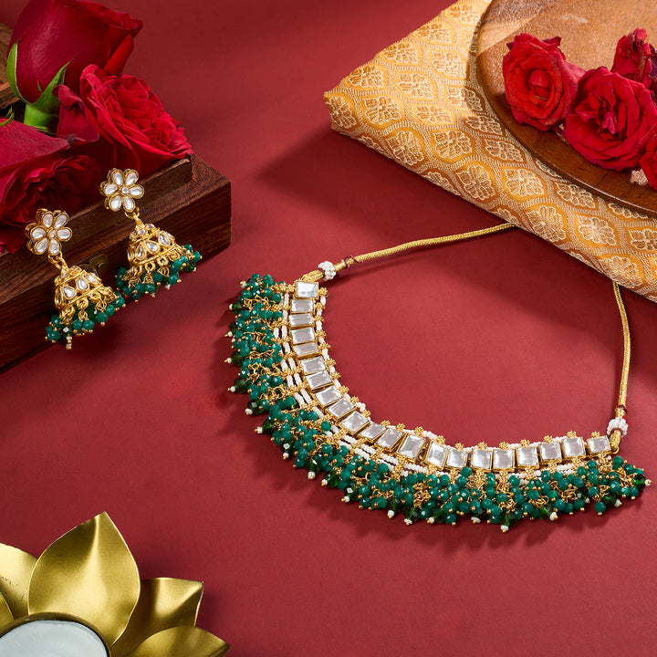 Teejh Tithi Green Gold Necklace Set