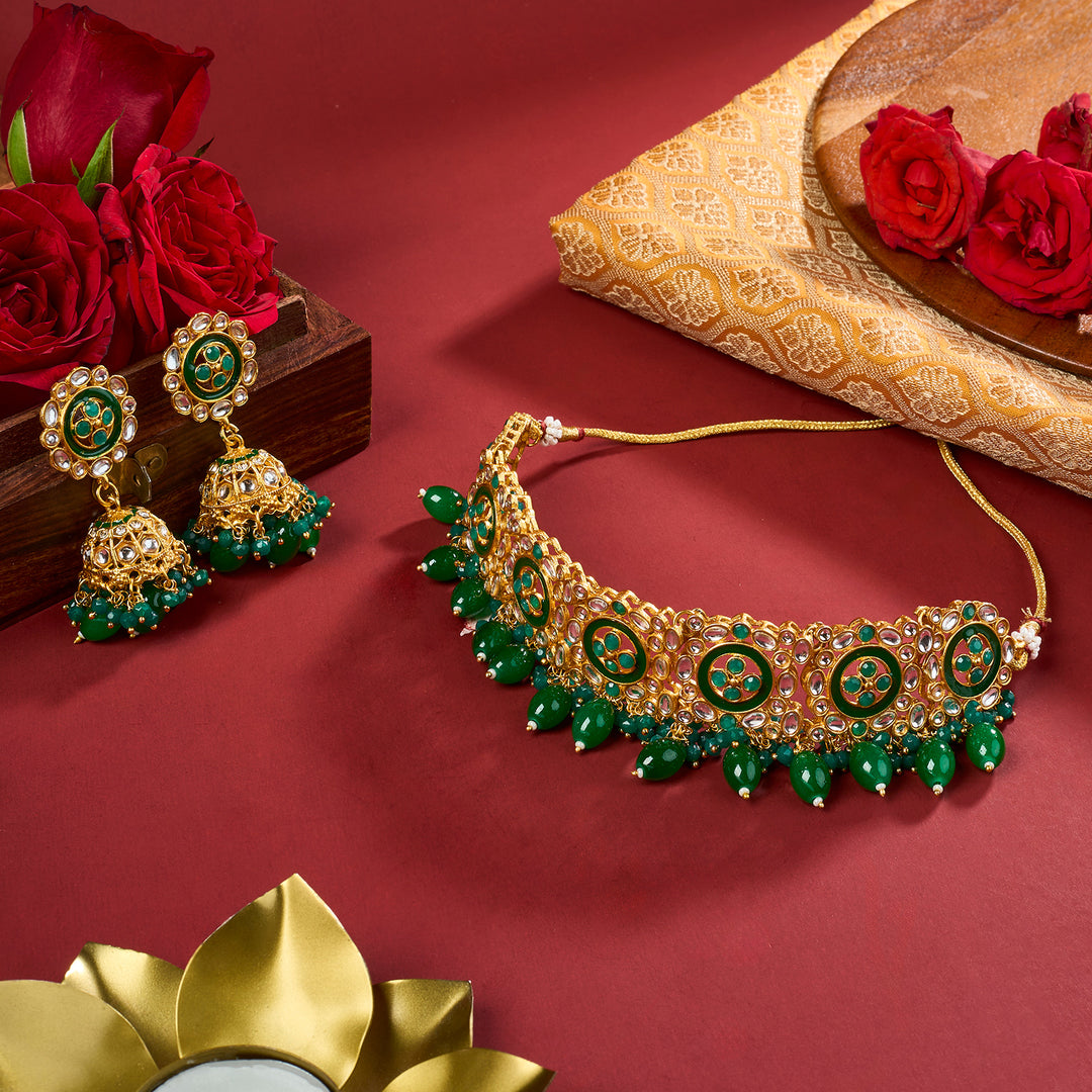 Teejh Radhya Green Gold Necklace Set
