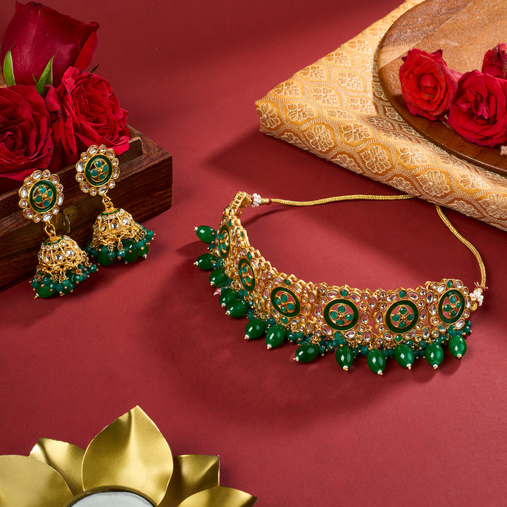 Teejh Radhya Green Gold Necklace Set