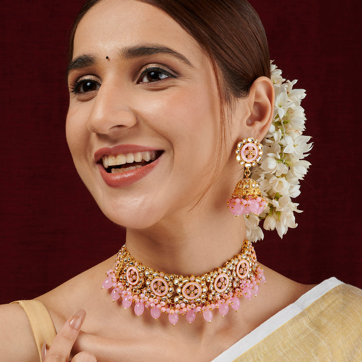 Teejh Vrushali Pastel Pink Gold Necklace Set
