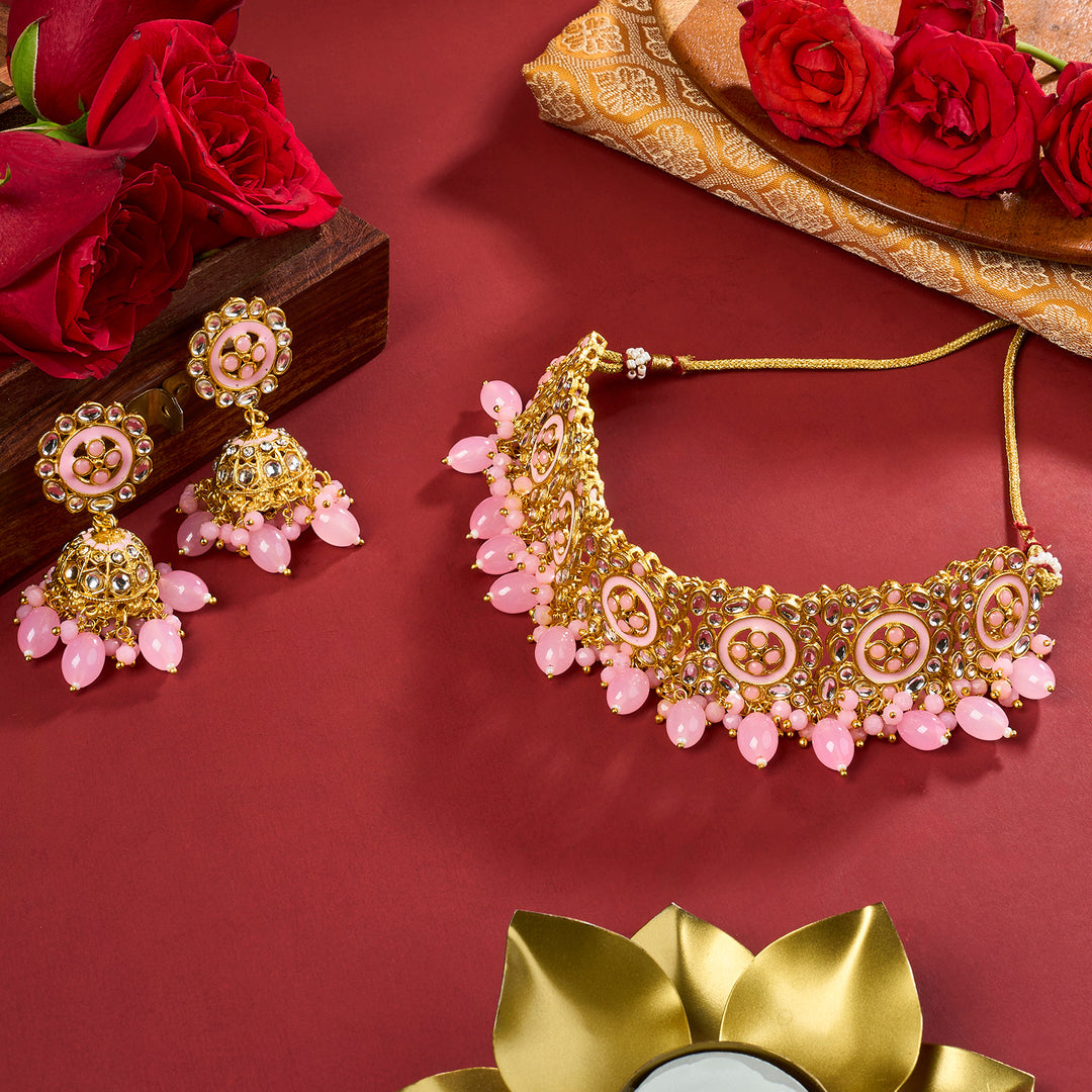 Teejh Vrushali Pastel Pink Gold Necklace Set