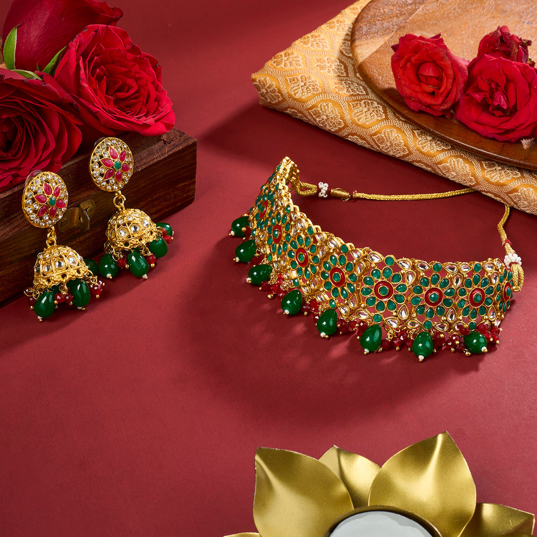 Teejh Shobita Red and Green Necklace Set