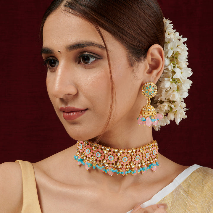 Teejh Nabhya Blue and Pink Gold Necklace Set