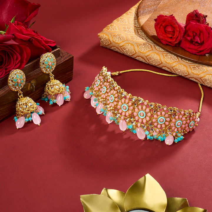 Teejh Nabhya Blue and Pink Gold Necklace Set