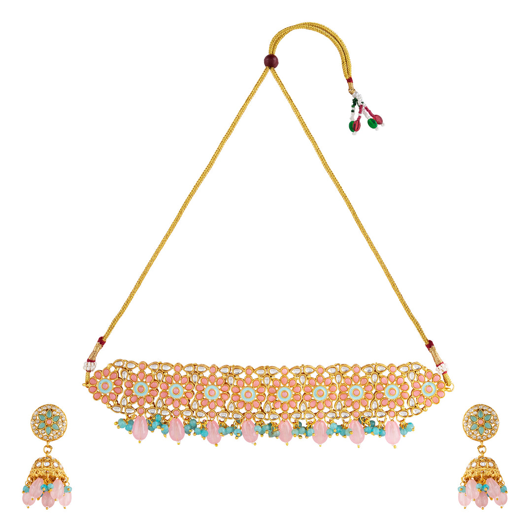 Teejh Nabhya Blue and Pink Gold Necklace Set