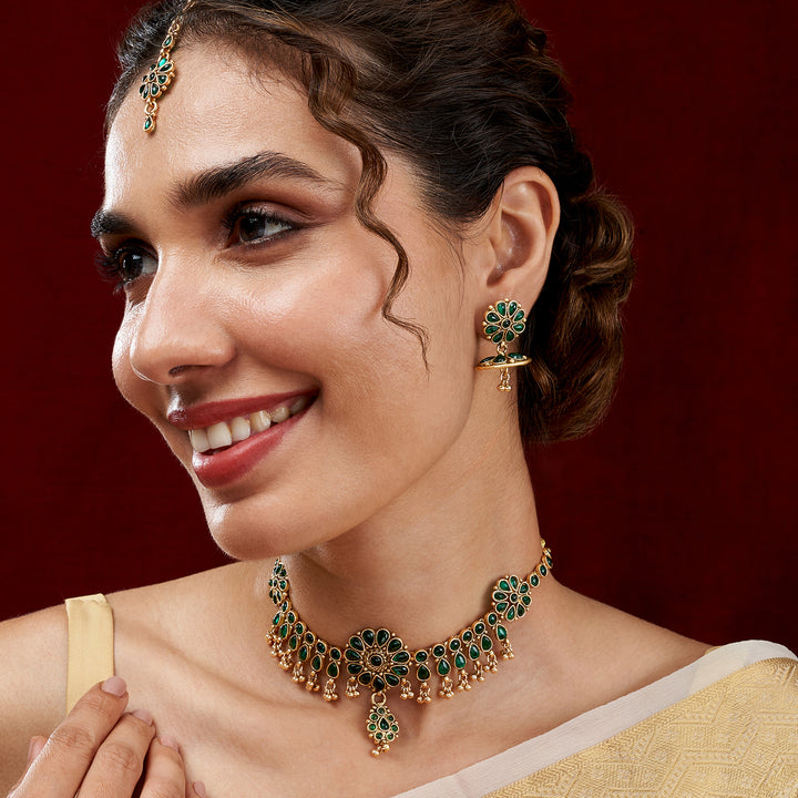 Teejh Anvitha Gold Finish Green Necklace Set