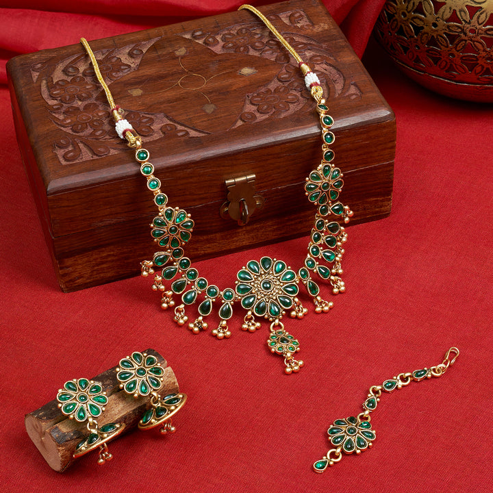 Teejh Anvitha Gold Finish Green Necklace Set
