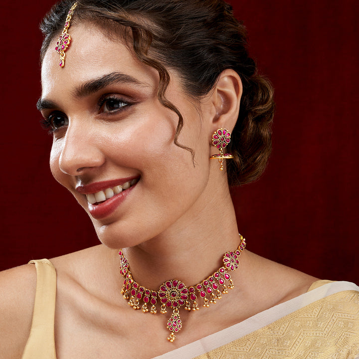 Teejh Anvitha Gold Finish Red Necklace Set