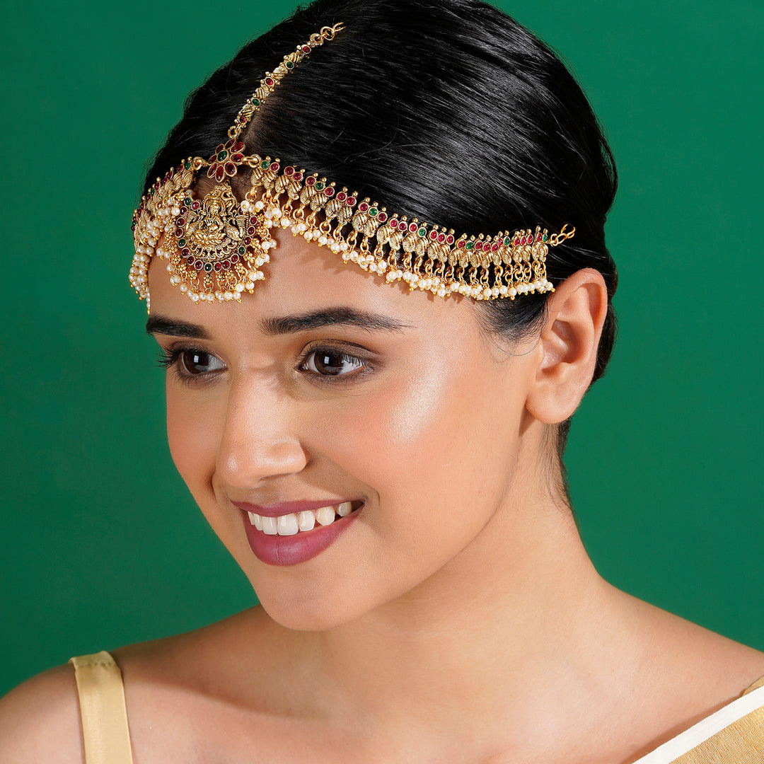 Teejh Divyanshi Gold Finish Red &amp; Green Maangtika