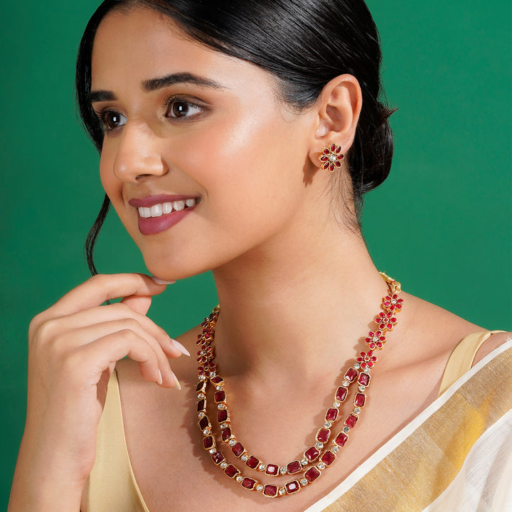 Teejh Ishanya Gold Finish Red Necklace Set