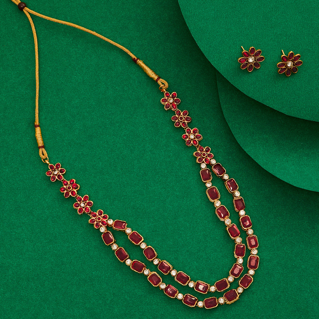 Teejh Ishanya Gold Finish Red Necklace Set