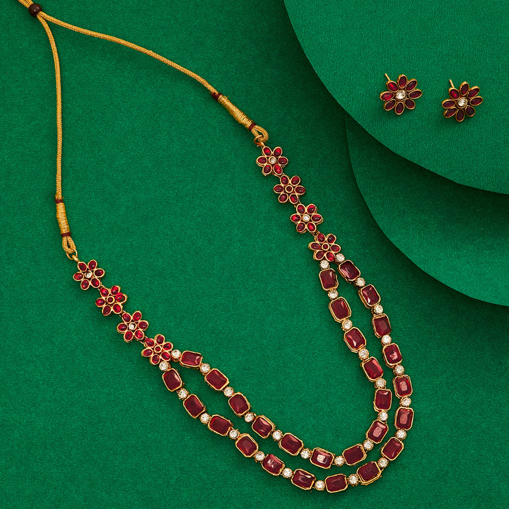 Teejh Ishanya Gold Finish Red Necklace Set