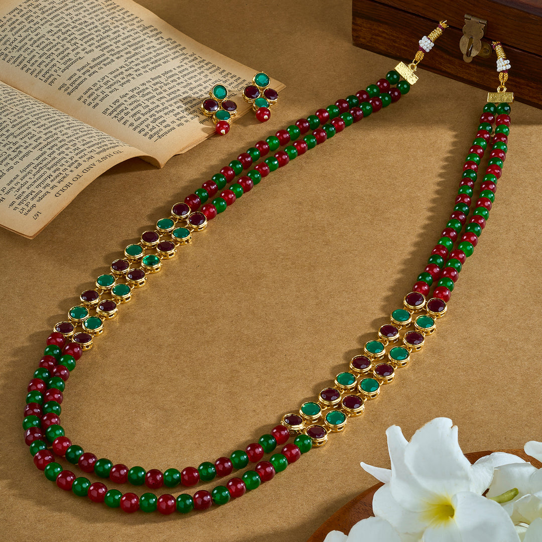 Teejh Tanaya Red-Green Beaded Necklace Set