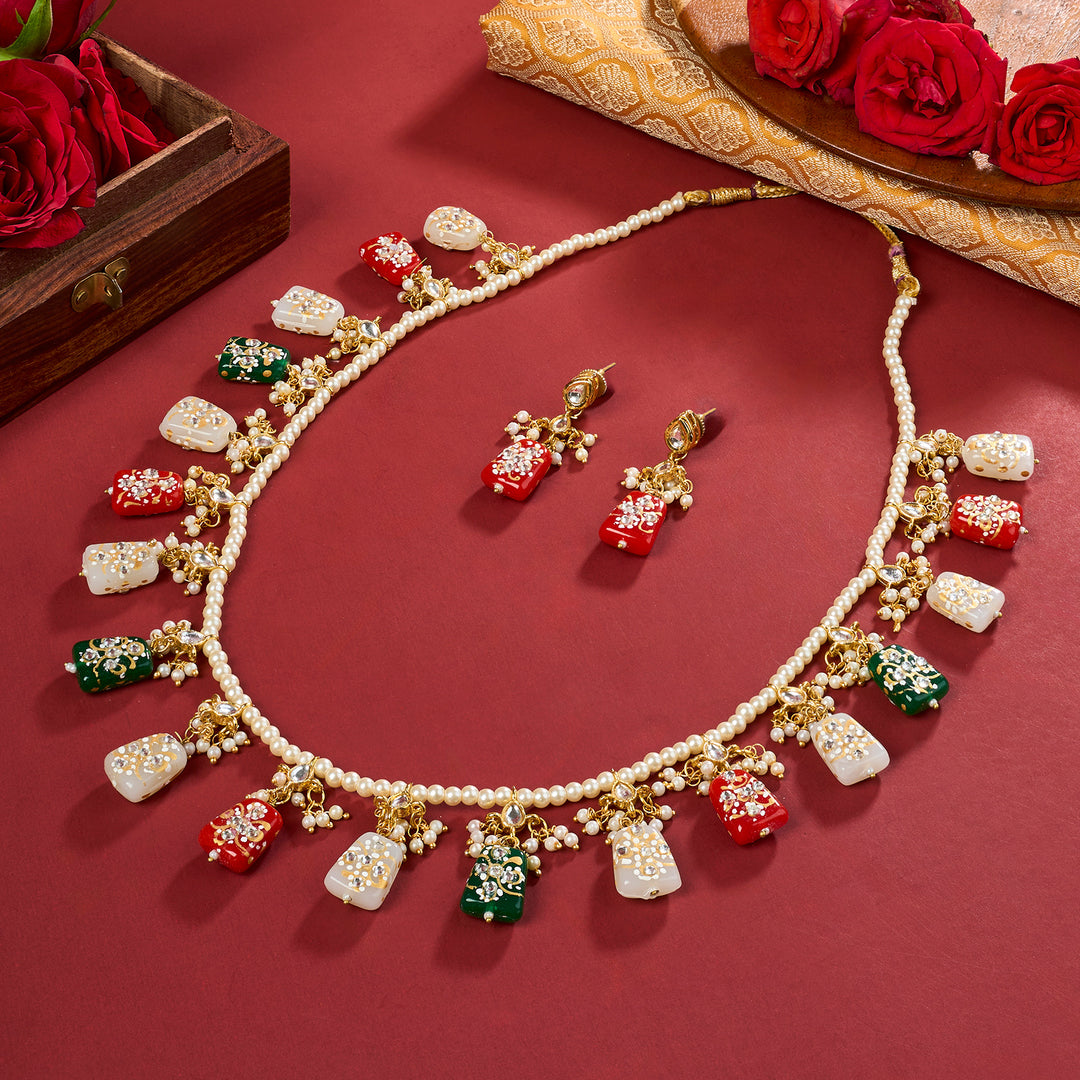 Teejh Idhika Red-White-Green  Beaded Necklace Set