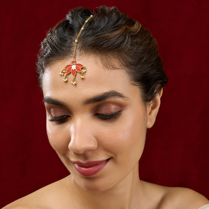 Teejh Bhairavi Red and Gold  Enamel Maangtika
