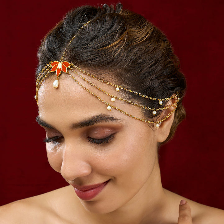 Teejh Saurabhi Red and Gold Enamel Maangtika