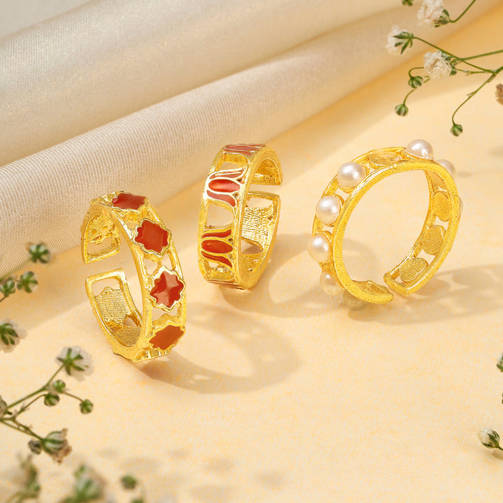Teejh Prerana Red and Gold Enamel Ring Set
