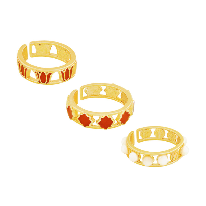 Teejh Prerana Red and Gold Enamel Ring Set