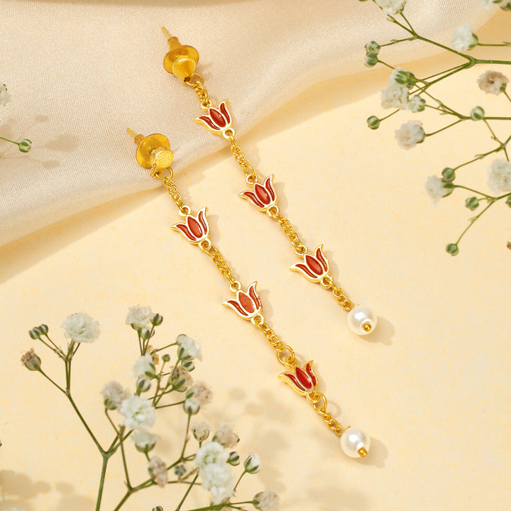 Teejh Chahat Red and Gold Enamle Dangler Earrings