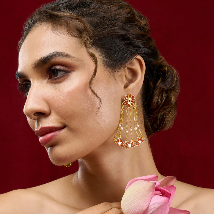 Teejh Girika Red and Gold Enamel Dangler Earrings