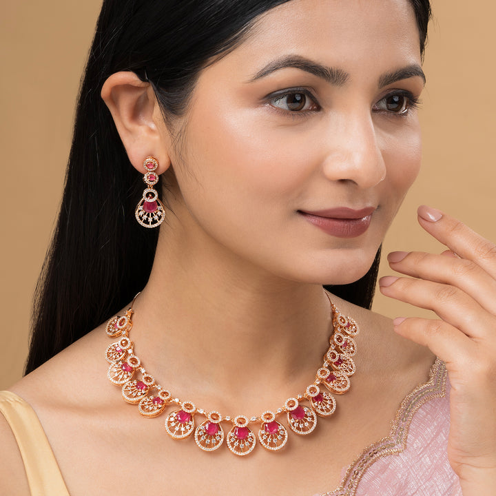 Teejh Chandni Charisma Red and Rosegold CZ stones Necklace Set